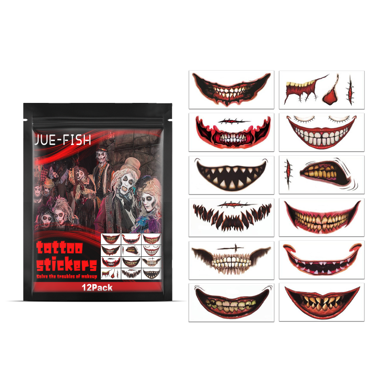 main Jue-Fish Halloween Tattoo Stickers, Halloween Horror Party Party Makeup Decorative Mouth Tattoo Stickers